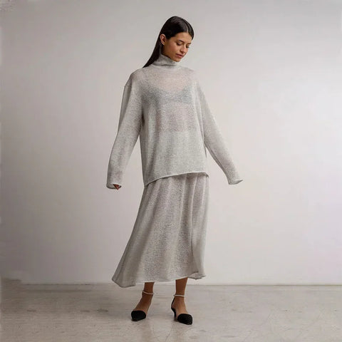 Sonicelife See Through Knit Women Sweater Sets Turtleneck Full Sleeve Female Pullovers Set 2025 Spring High Waist A Line Lady Skirt Suit