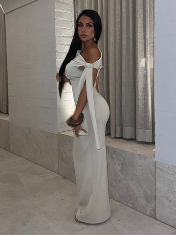 Sonicelife Irregular Off Shoulder Solid Color Vestidos Women Elegant Lace Up Slim Fit Maxi Dresses New Summer Lady Evening Party Robes Gown