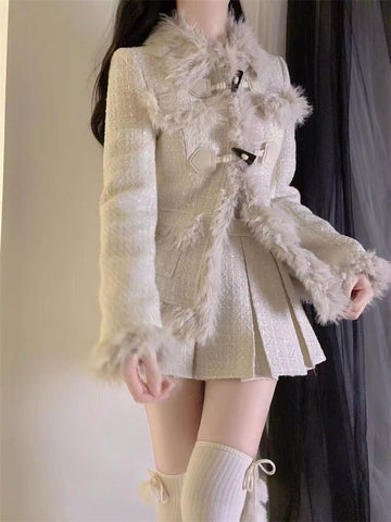 Sonicelife 2025 Spring Faux Fur Korean Fashion Suit Woman Knitted Sweater Set Warm Casual Tops + Slim Bodycon Y2k Mini Skirtm Female Chic