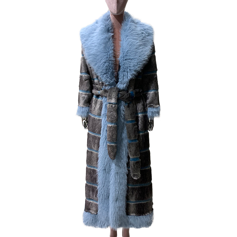 christmas outfit Sonicelife Autumn Winter Extra Long Striped Thick Warm Faux Fur Coat Women with Fur Trim Elegant Luxury Maxi Furry Overcoat