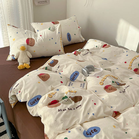 Sonicelife Ins Korean Cartoon Little Bear Cute Bedding Set Autumn Winter Polyester Bed Sheet Pillowcase Twin Full Queen Size Quilt Cover