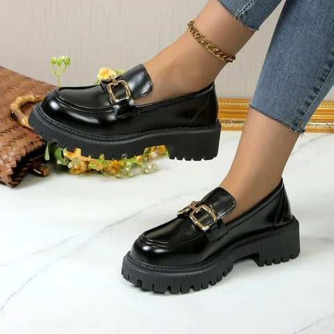 Sonicelife 2025  Female Shoes Women Fashion Mary Janes Round Toe Flats Loafers Oxfords Platform Casual Metal Chain Buckle  Heels Black