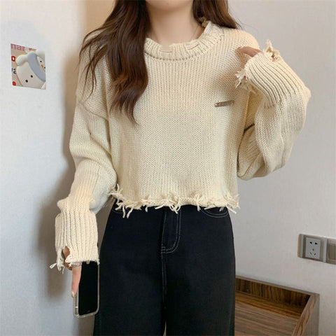 Black Friday Sonicelife Hollow Out Knitted Sweater Women Long-Sleeved Harajuku Y2K Chic Loose Lazy Pullover Hip-Hop Spring Fall Female Cropped Tops