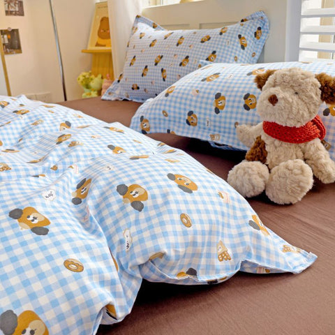 Sonicelife Cute Dog Bedding Set New Design Girls Ins Duvet Cover with Zipper No Filler Flat Sheet Pillowcase Queen Size Bed Linens