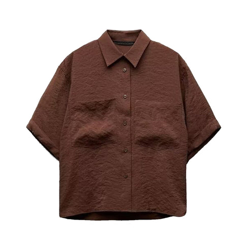 Sonicelife Women's Shirt with Loose Pockets Short Sleeves Commuting Casual Versatile Top T-shirt with Two-Color Lapel New