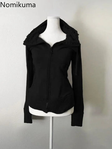 Sonicelife Grey Lamb Wool Double Zipper Hoodies Women's Clothes Slim Waist Hooded Vintage Y2k Coats Ropa Mujer Casual Fashion Sweatshirts