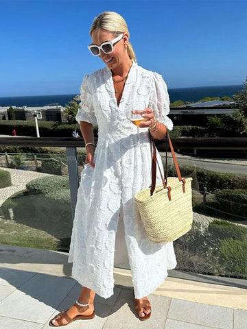 Sonicelife Elegant Lace Embroidery Single Breasted Dress Women Loose V-neck Lantern Sleeve Female Dresses 2024 Summer Lady Holiday Robe New