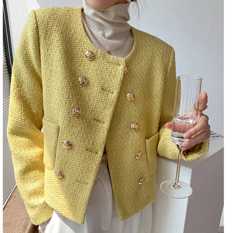 Sonicelife Autumn Winter Women Tweed Office Elegant Coat Pockets Double-breasted Cardigan Jackets Solid Streetwear Long Sleeve Coat