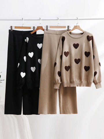 Sonicelife Heart Printed Knitted Sweater Pants Sets Women Long Sleeve Oversize Pullover High Waist Wide Leg Trousers Suits 2 Pieces Outfits