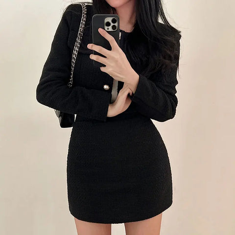 Sonicelife Jacket and A-line Mini Skirt Set Fall Winter Women Outfits Women Tweed 2 Two Piece Sets Long Sleeve Pearl Buttons Short