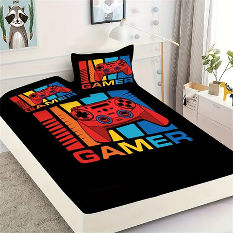Sonicelife Games Print Fitted Sheet Set Soft Home Textile Comfortable Breathable Gamepad Bedding Set for Bedroom Guest Room