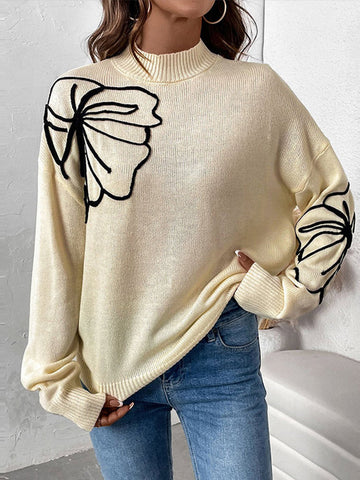 Black Friday Sonicelife Casual Knitted Turtleneck Sweaters Women Retro Loose Flower Printed Pullover Sweater Female Autumn Thin Chic Versatile Tops