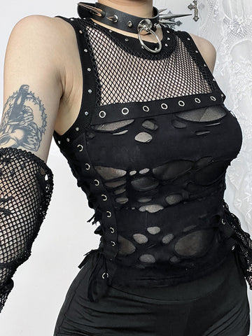 Sonicelife Mall Gothic Vest Women Sexy Hole See Through Lace-up Crop Tank Tops Streetwear Cyber Punk New Fashion Rave Outfits Femme