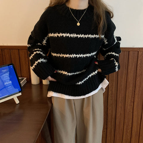 Sonicelife Vintage Striped Women Sweater Casual O Neck Korean Knitted Pullover Top Winter Thick Loose Female Jumper New