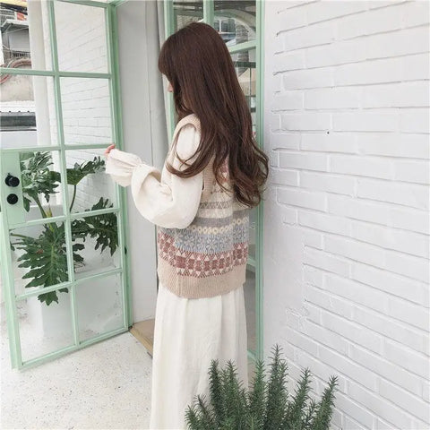 christmas outfit Sonicelife Women Sweater Vest Autumn Jacquard Embroidered V-neck Knitted Contrast Color Vest Women's Vest Sleeveless Sweater Pullover