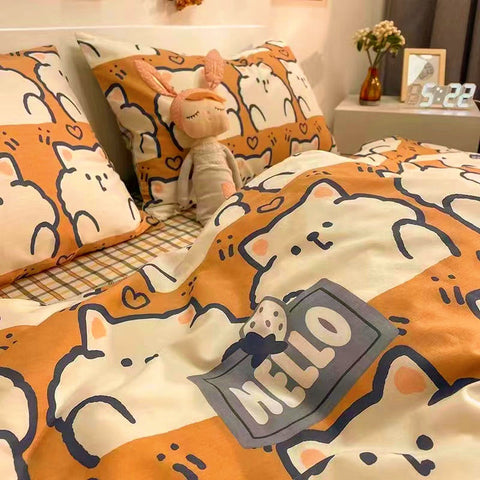 Sonicelife Korean Style Cartoon Sheep Bedding Set Girls Kids Twin Full Queen Size Bed Flat Sheet Duvet Cover Pillowcases Bed Linen Kawaii