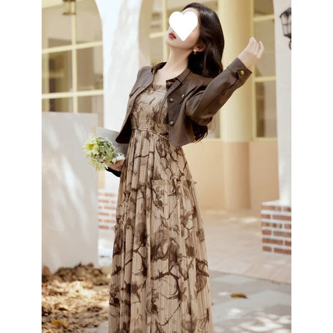 thanksgiving outfit Sonicelife Coffee Color Leather Jacket And Printed Maxi Dress 2-Piece Set Women's Fashionable Spring Autumn Long Dress Suit