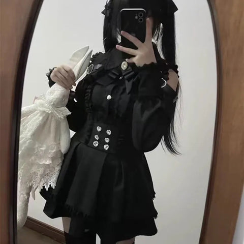 Sonicelife Japanese Black Short Skirt Set Women Sexy Lace Off Shoulder Lolita Shirt Gown Gothic Ruffles Mini Skirts Y2K Aesthetic Suit
