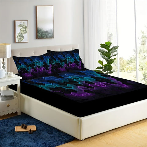 Sonicelife Fashion Cell Geometric Print Fitted Sheet Set Mattress Cover Bedding Soft Breathable Bedding Set with Deep Pocket for Bedroom