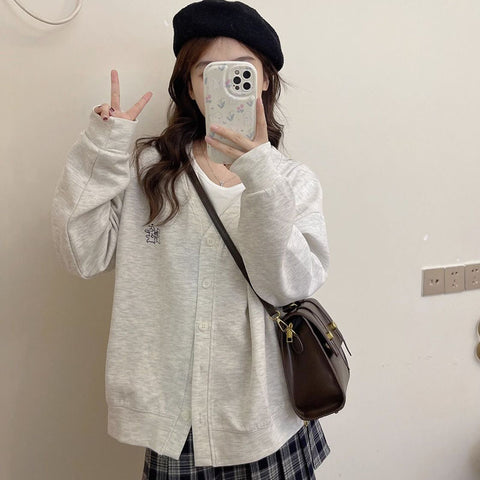 Sonicelife Sweet V Neck Coat Women Gray Chic Preppy Style Autumn Button Cardigan Jacket Korean Loose All Match Embroidered Cute Tops New