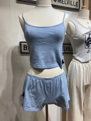 Sonicelife Sexy Blue Striped Bra Shorts Set Women V-neck Slim Home Pajama 2 Piece Sets Sweet Cute Cotton Bras with Straight Sweatshorts New