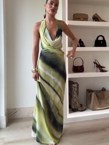 Sonicelife 2025 New Gradient Tie Dye Contrasting Halter Dress Women Open Back Sleeveless Maxi Robes Female High Street Party Long Dresses