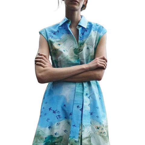 Sonicelife Women's Card Shoulder Printed Dress Shirt Style with Belt Versatile Commuter Style Midi Long Dress New