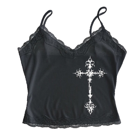 Sonicelife Y2K Gothic Grunge Punk Aesthetic Print Lace Camisole Top Fashion Sexy Sleeveless Slim Chic Crop Top 90s Vintage Rock Women's Tee