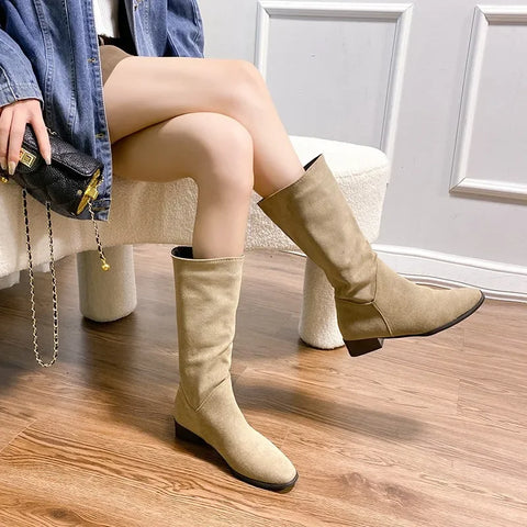 Sonicelife Knight  Women's 2025  Thick Heels Spring, Autumn, and Winter High Barrel and Thin Retro Slim Wrinkle Stacked Long Boots