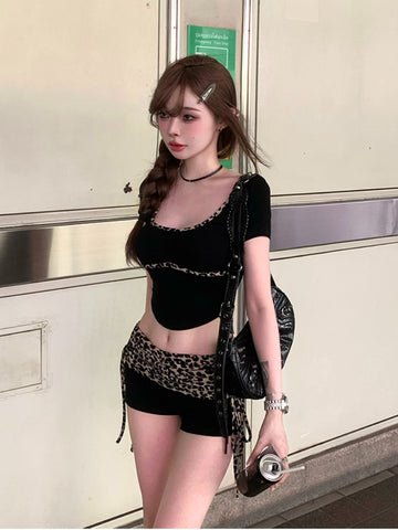 Sonicelife Summer Woman 2000s Vintage Leopard Shorts Sets Casual Y2k Crop Tops Slim Fashion Shorts Hot Girls Aesthetics Sweet Suit Design