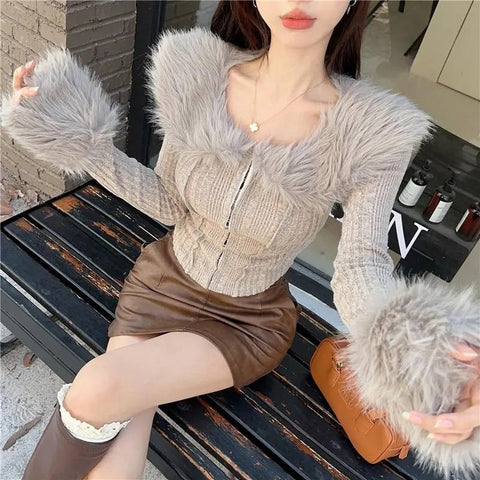 Black Friday Sonicelife Hair Collar Knitted Cardigan Women Solid Elegant Simple Fluffy Spring Fall Sweater Skinny Chic Sexy Cropped Lady Tops