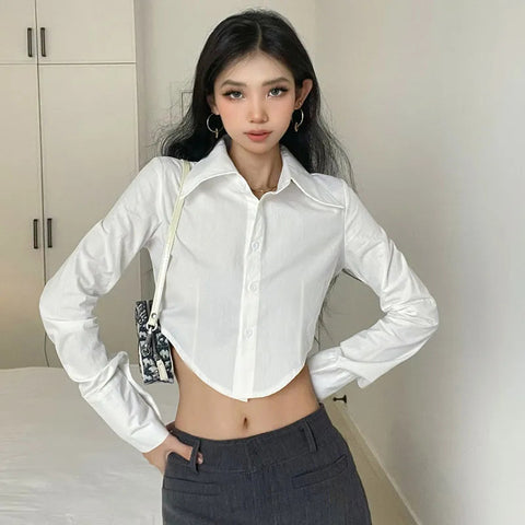 Sonicelife Cropped Sexy Women White Shirt Long Sleeve Slim Design Blouse Fall Female Fashion Streetwear Turn Down Collar Amercian Tops