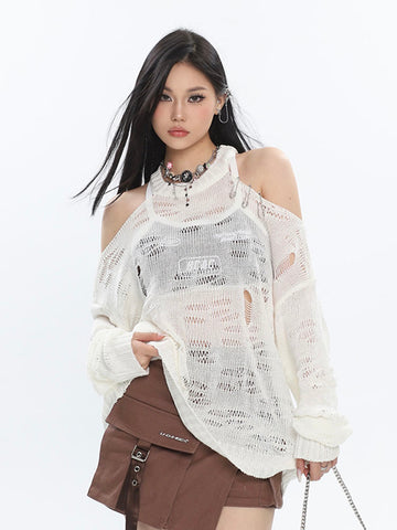 Sonicelife Hollow Out Halter Knitted Sweaters Women Streetwear Sexy Off Shoulder Knitted Pullovers American Vintage Harajuku Loose Top
