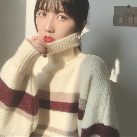 Black Friday Sonicelife Zoki Turtleneck Sweaters Women Vintage Striped Fall Winter Casual Thicken Warm Preppy Pullovers Baggy All Match Knitwear Jumper