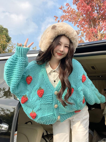 Sonicelife 3D Strawberry Sweet Cardigan Women Loose Long Sleeve Fashion Knitted Sweaters Korean Lazy Wind Casual Female Soft Cardigans