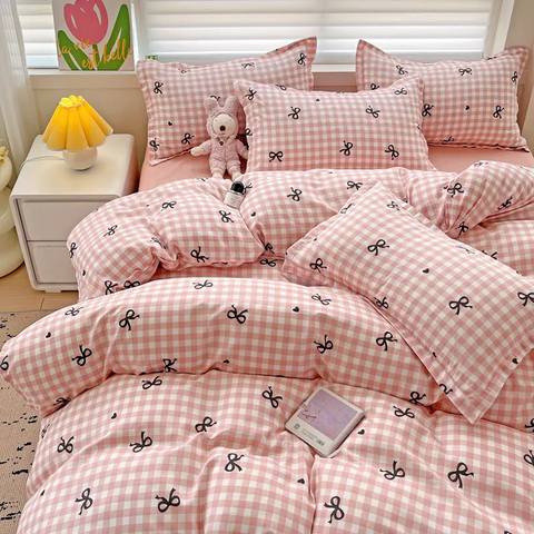 Sonicelife Pink Grid Bedding Set 2024 New Green Blue Boys Girls Duvet Cover No Filler Pillowcase Flat Sheet Twin Queen Hotel Home Bedspread