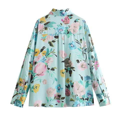 Sonicelife Women's Flower Printed Silk Shirt, Satin Fashion, Casual Long Sleeved, Single Breasted Top, New