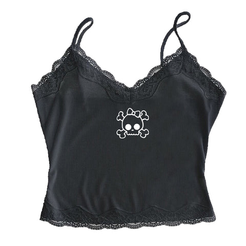 Sonicelife Y2K Harajuku American Retro Lace Bow Print Camisole Top Casual Chic Fashion Sexy Emo Girl Crop Top Gothic Punk Womens Streetwear