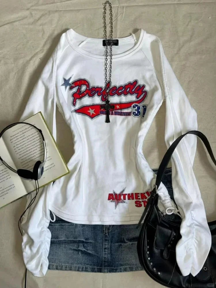Sonicelife Autumn Vintage Y2k Women T-shirts White Grunge Graphic Long Sleeve Tees Harajuku 2000s Aesthetic Streetwear American Retro Tops