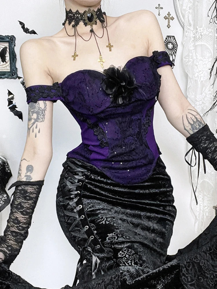 Sonicelife Palace Style Vintage Gothic Vest Women Dark Punk Sexy Emboridered Crop Tank Tops Cosplay Partywear Rave Outfits Female