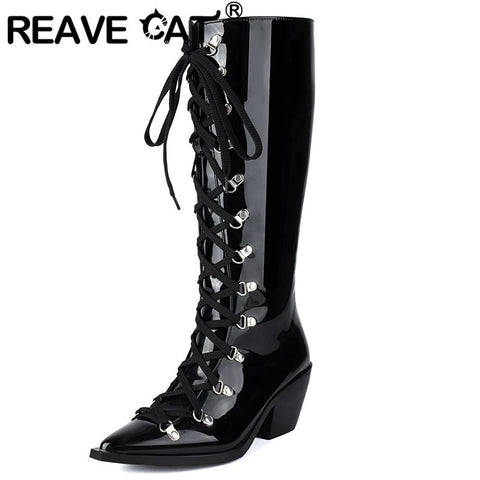 thanksgiving outfit Sonicelife Patent Leather Women Knee High Boots Pointed Toe Chunky Heel 6.5cm Lace Up Decor Size 44 45 46 Booties