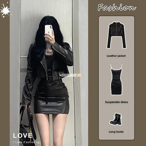 thanksgiving outfit Sonicelife 2024 Autumn New Women's Cropped Leather Jacket Tank Dress Slimming Bodycon Skirt Trendy Fashionable Female Dress Set