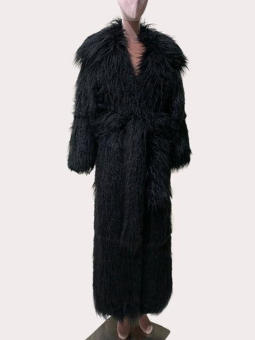 christmas outfit Sonicelife Winter Extra Long Black Thick Warm Shaggy Fluffy Fuzzy Faux Fur Coat Women Sashes Luxury Elegant Maxi Furry Overcoat