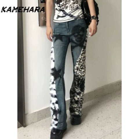 Sonicelife American Retro Washed Skull Leopard Print Micro Flared Jeans for Women Slim Fit Slimming Long Pants Ins Spring Female