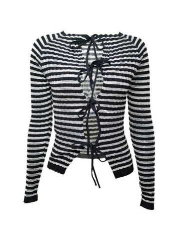 Sonicelife-Lace Up Striped Ribbed Knit Top