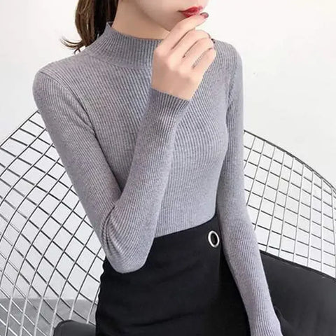 Sonicelife Women Sweater Vintage Basic Solid Knitted Tops Casual Slim Pullover Korean Sweaters Simple Jumper Autumn Winter Mock Neck