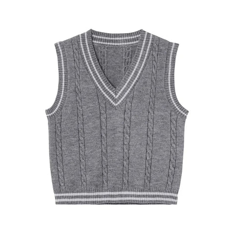 Sonicelife Women Autumn Preppy Style Knitted Vest Striped Vintage Sleeveless Sweater Winter Worn Outside Loose V Neck Jumpers Waistcoat