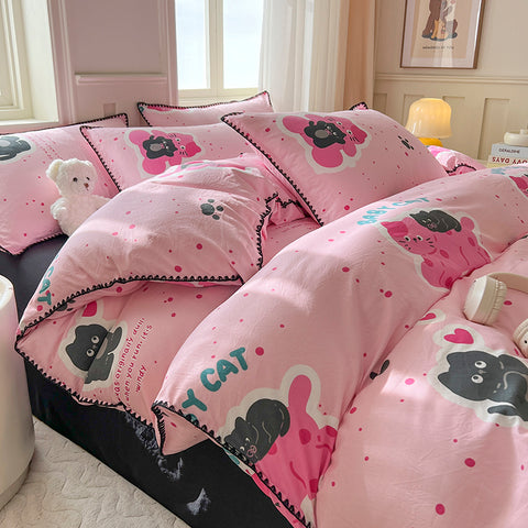 Sonicelife Pink Tulip Double Layer Yarn Quilt Cover Bed Sheet Pillowcase Twin Queen Size Bedding Set Girls Women Duvet Cover Set No Filler