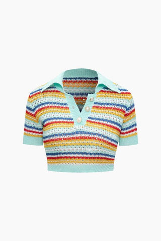 Sonicelife-Stripe Open Knit Crop Top And Slit Mini Skirt Set