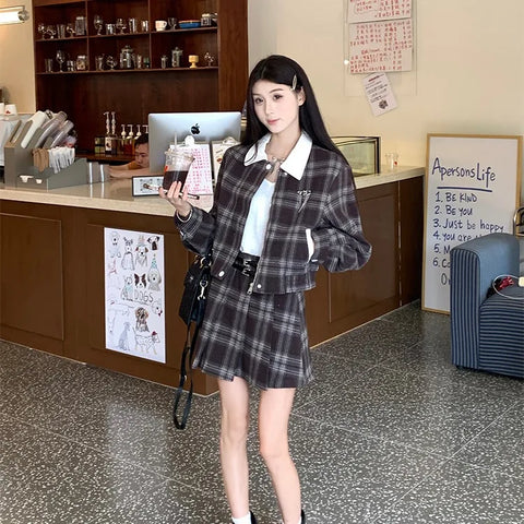 thanksgiving outfit Sonicelife 2024 Autumn New Women's Plaid Jacket And Skirt Set Chic Vintage Simple Style With Leather Belt Fashion Dress Outfit